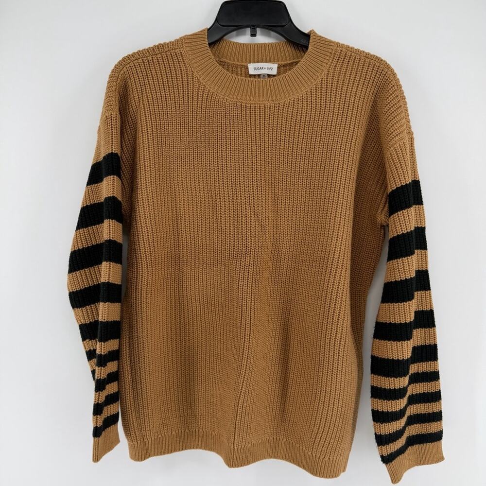 Sugarlips Crewneck Knit Sweater Tan Black Stripes Womens Medium